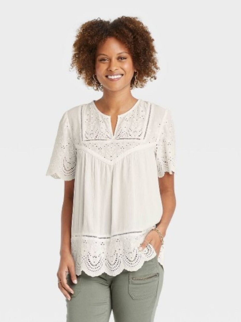 Knox Rose White Eyelet Short Sleeve Top